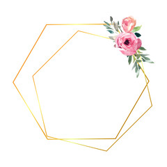 Golden frame with Watercolor pink roses and green leaves, vector template isolated on white 