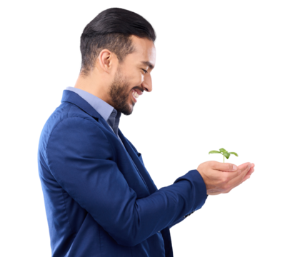 Business man, plant and ecology with growth and investment isolated on transparent png background. Environment, agro company development and male person with leaves in hands and sustainability