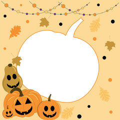 White pumpkin frame with Jack pumpkins and autumn leaves and garland on a beige background