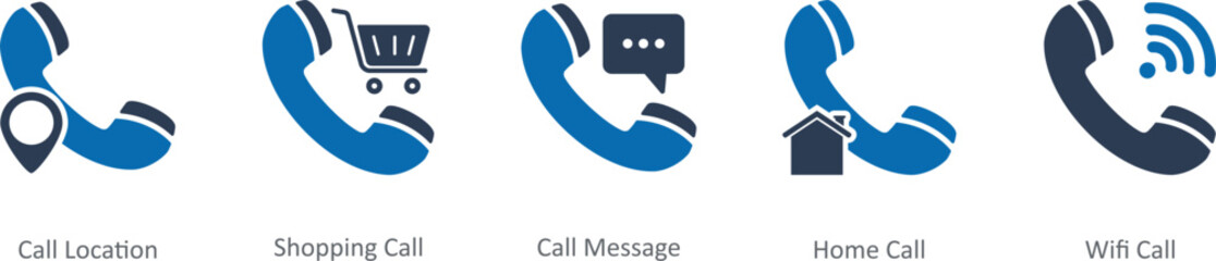 A set of 5 Contact icons as call location, shopping call, call message