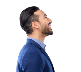 Happy, profile and vision with a business man isolated on a transparent png background looking to the future with motivation. Side, excited and thinking with a male professional feeling confident.