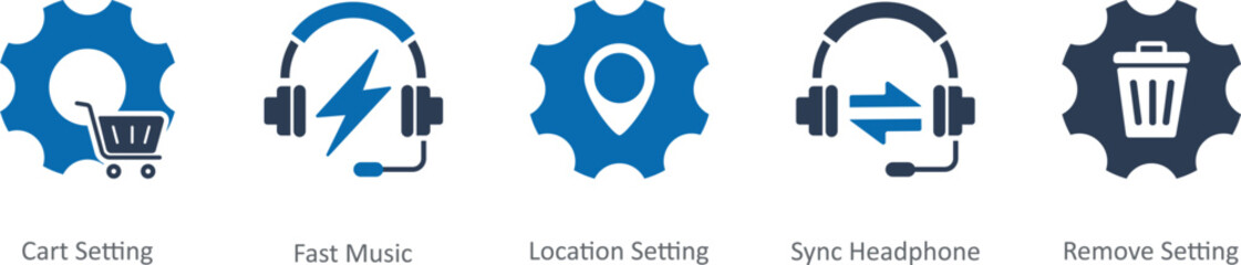 A set of 5 Contact icons as cart setting, fast music, location setting