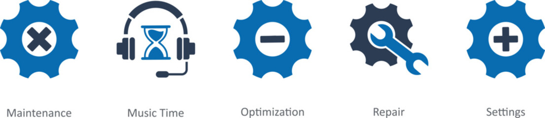 A set of 5 Contact icons as maintenance, music time, optimization