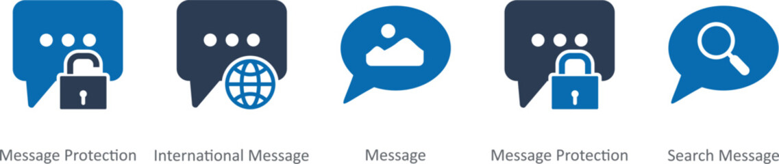 A set of 5 Contact icons as message protection, international message, message