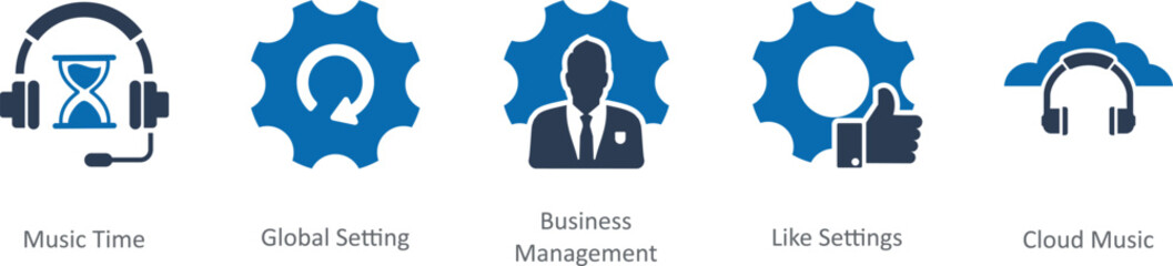 A set of 5 Contact icons as music time, global setting, business management,