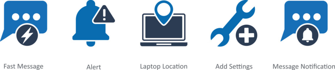 A set of 5 Contact icons as fast message, alert, laptop location