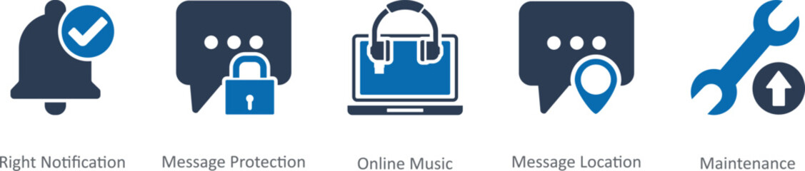 A set of 5 Contact icons as right notification, message protection, online music
