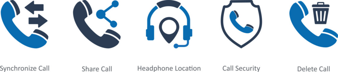 A set of 5 Contact icons as synchronize call, share call, headphone location