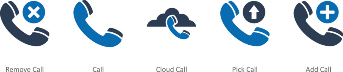 A set of 5 Contact icons as remove call, call, cloud call