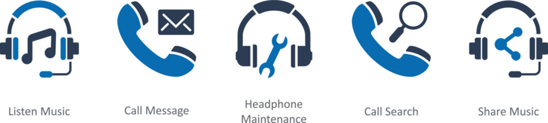 A set of 5 Contact icons as listen music, call message, headphone maintenance