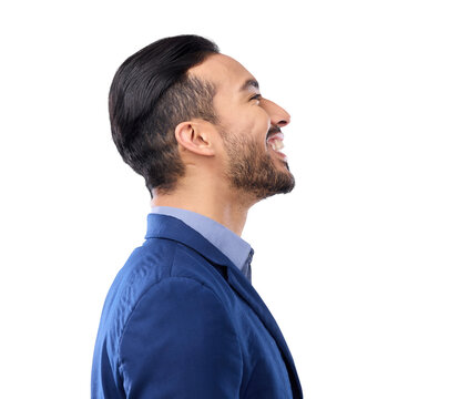 Happy, profile and vision with a business man isolated on a transparent png background looking to the future with motivation. Side, excited and thinking with a male professional feeling confident.