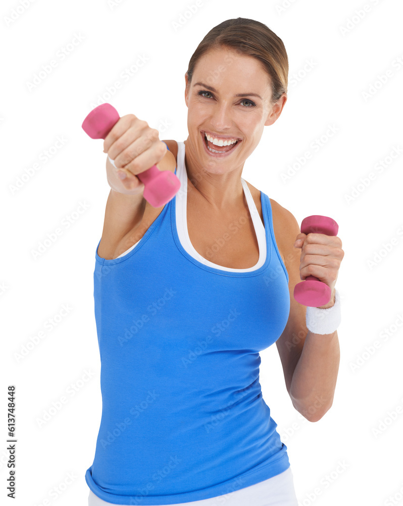 Sticker Fitness, portrait and woman with dumbbell isolated on transparent, png background for body, exercise and gym. Bodybuilder, sports person and excited for workout goals, power and lose weight training