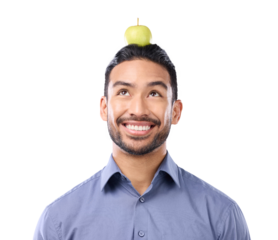 Happy man, apple on head and balance nutrition, health and fruit isolated on transparent png background. Lose weight, diet and male person smile for vegan life, benefits of healthy food and wellness