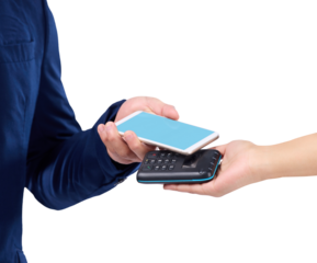 Isolated hands, smartphone and pos for payment, sales and fintech by transparent png background. Customer experience, shopping and mockup space with machine for budget, banking and blank phone screen