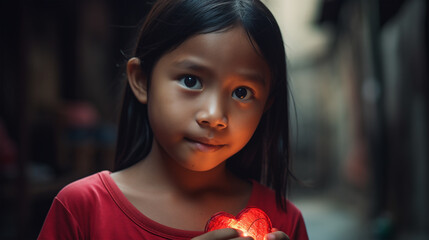 young cute little filipino girl with puppy eyes holding a red glowing heart in her hands