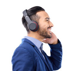 Headphones, music and business man thinking isolated on transparent png background on audio...