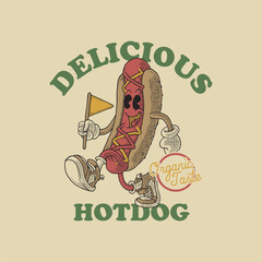 Cartoon emblem of happy hotdog with retro style - obrazy, fototapety, plakaty