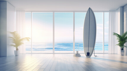 サーフボードのあるオーシャンビューの部屋 Ocean view room with surfboard. Created by generative Ai - obrazy, fototapety, plakaty