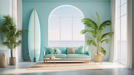 サーフボードのあるオーシャンビューの部屋 Ocean view room with surfboard. Created by generative Ai - obrazy, fototapety, plakaty