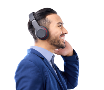 Headphones, music and business man thinking isolated on transparent png background on audio streaming service. Happy profile of corporate person listening to podcast subscription, inspiration or idea