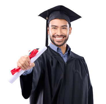 Portrait, certificate and graduation of Asian man isolated on a transparent png background. Smile, face or university student with diploma, graduate award or college success for education achievement