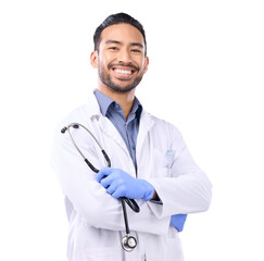 Doctor, health and man, stethoscope and arms crossed with confidence in portrait isolated on transparent png background. Asian male physician, medical professional and healthcare, smile and medicine