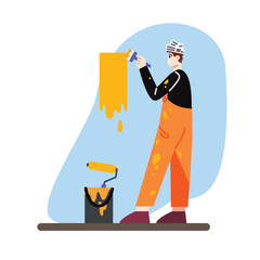 Professional repairman doing apartment renovation. Process of redecorating house interior. Young man in uniform holding brush and paint wall. Vector flat illustration in blue and orange color