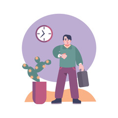 Adult man holding briefcase, standing near clock and looking at watch. Process of planning schedule for working and relaxing. Effective time management. Vector flat illustration