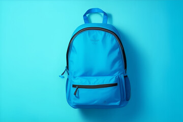 Blue backpack on blue background. Back to school. Generative AI