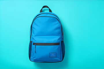 Blue backpack on blue background. Back to school. Generative AI - obrazy, fototapety, plakaty