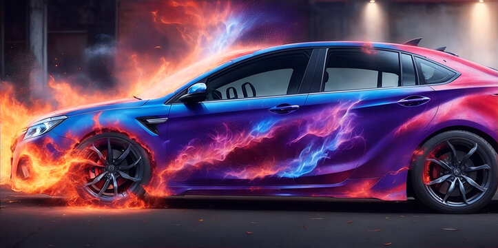 Aerography on car side colorful fire image banner. Generative AI