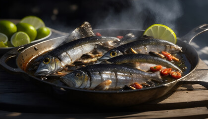 Grilled sardines with thyme chili and lime. Generative AI