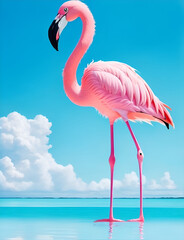 Standing pink flamingo on turquoise blue sky and water. Generative AI