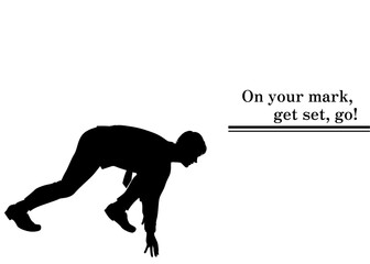 クラウチングスタート スタートダッシュのポーズを取るスーツ姿の男性のイラスト