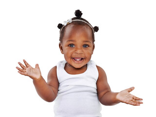 Portrait, african and a cute girl baby isolated on a transparent background for growth or child...