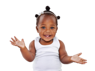 Portrait, african and a cute girl baby isolated on a transparent background for growth or child development. Children, health and youth with an adorable or cute newborn female infant kid on PNG