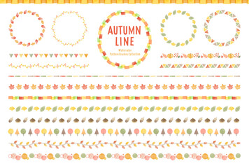 秋の水彩風ラインセット / パターンブラシ有り / 飾り罫、線、イラスト、あしらい、フレーム、素材、自然、秋、紅葉