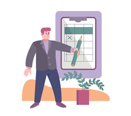 Time management efficiency in business process. Good productivity performance. Young male in office clothes making scheduling on week, holding pencil and write. Vector flat illustration