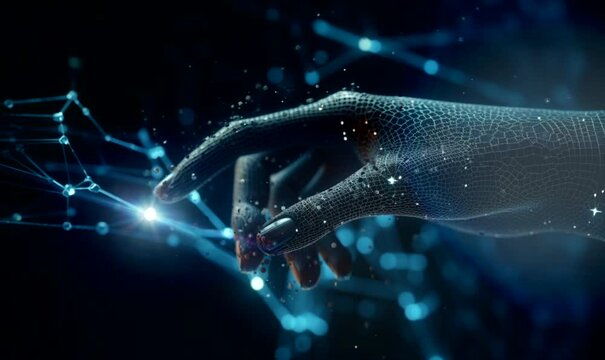 Hand touching modern interface digital transformation and metaverse concept. Connection next generation technology and new era of innovation
