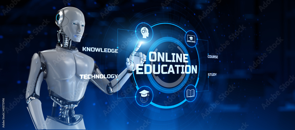Aufkleber online education e-learning concept. robot pressing button on screen 3d render.