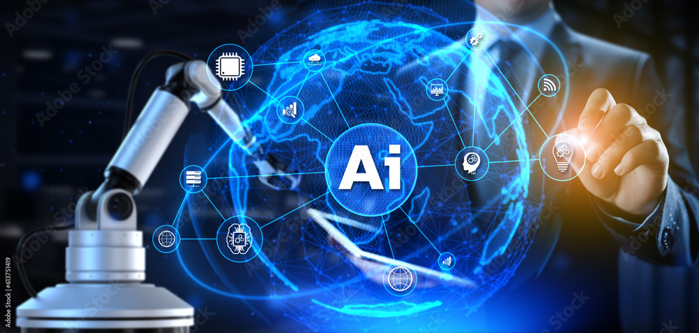 Poster ai artificial intelligence smart industry 4.0. cobot robotic arm 3d render.