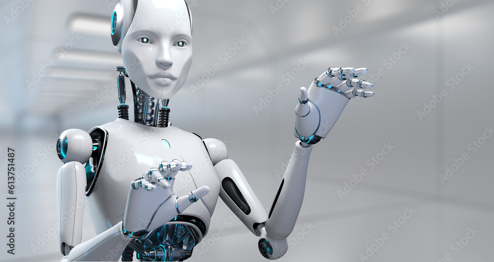 Poster robot cyborg 3d render innovation technology robotisation.