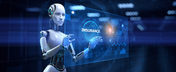 Insurance automation insurtech. Robot pressing button 3d render.