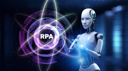 Obraz na płótnie Canvas RPA Robotic process automation concept. Robot pressing button on screen 3d render.