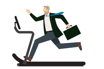 トレッドミル、ランニングマシンで走るビジネススーツ姿の高齢の白人男性のイラスト　スポーツジム