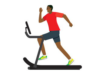 Fototapeta na wymiar トレッドミル、ランニングマシンで走る黒人男性のイラスト　スポーツジム　ワークアウト