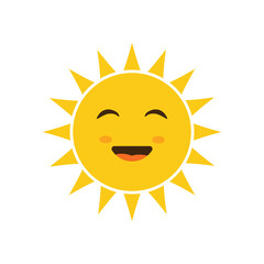 The sun. Vector positive illustration of a yellow smiling sun with joyful emotions, with beautiful rays. Icon. Cartoon children s vector image.