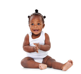 Cute, girl and baby with a smile, growth and cheerful kid isolated against a transparent background. Female person, infant or newborn with happiness, joyful and innocent with png, toddler and support