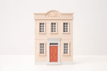 Miniature model of a toy doll house isolated on a flat beige background with copy space. Minimalist dollhouse banner mockup, creative house building idea. Generative AI illustration.