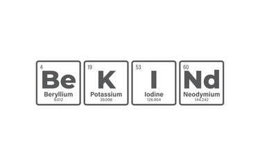 Vector inscription BE KIND composed of individual elements of the periodic table. Isolated on white background